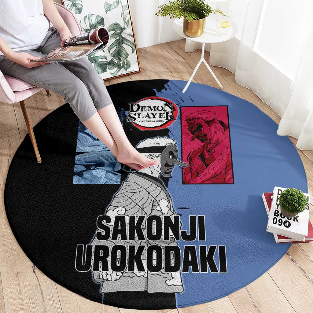 Sakonji Urokodaki from Demon Slayer Round Carpet with Blue and Black Split Background and Cloud Kimono Water Style Manga Design - The Mazicc
