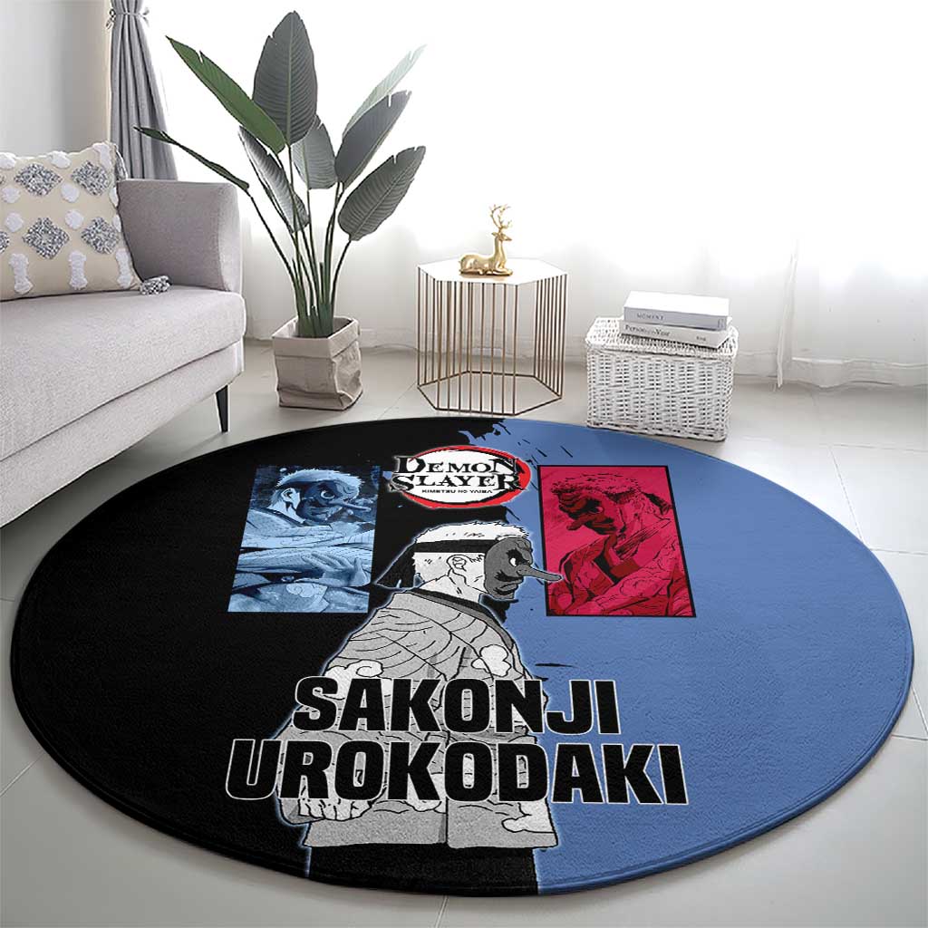 Sakonji Urokodaki from Demon Slayer Round Carpet with Blue and Black Split Background and Cloud Kimono Water Style Manga Design - The Mazicc