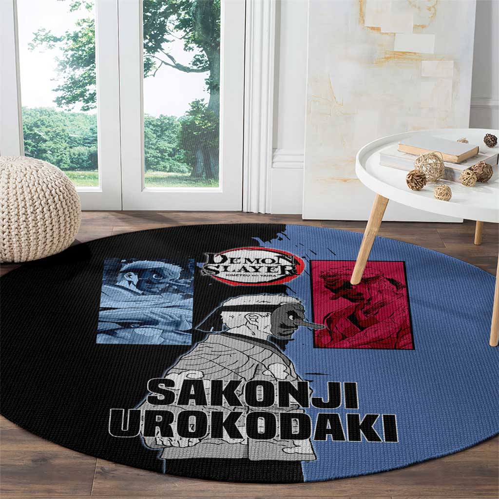 Sakonji Urokodaki from Demon Slayer Round Carpet with Blue and Black Split Background and Cloud Kimono Water Style Manga Design - The Mazicc