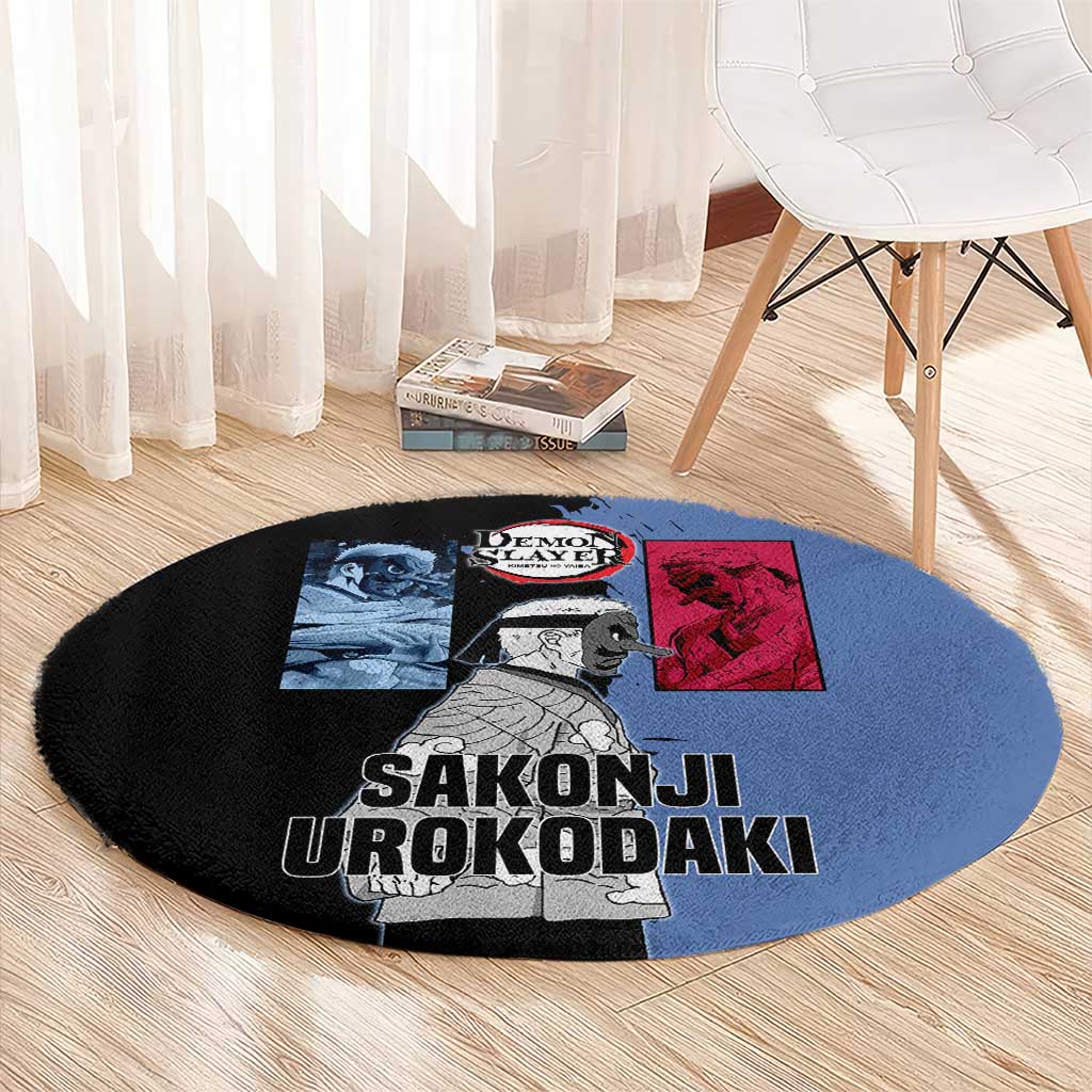 Sakonji Urokodaki from Demon Slayer Round Carpet with Blue and Black Split Background and Cloud Kimono Water Style Manga Design - The Mazicc
