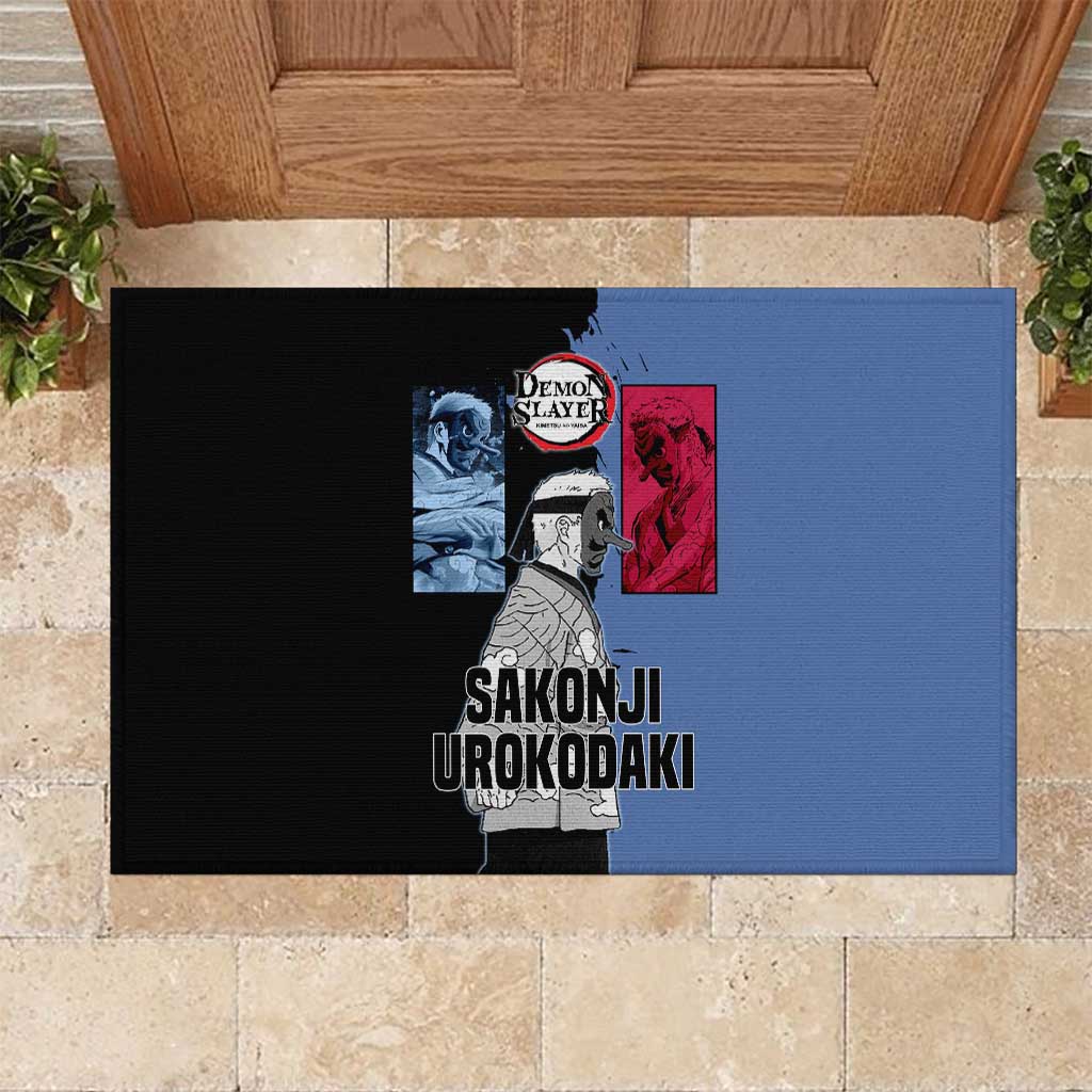 Sakonji Urokodaki from Demon Slayer Rubber Doormat with Blue and Black Split Background and Cloud Kimono Water Style Manga Design - The Mazicc
