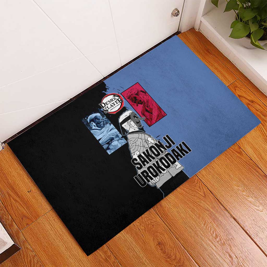 Sakonji Urokodaki from Demon Slayer Rubber Doormat with Blue and Black Split Background and Cloud Kimono Water Style Manga Design - The Mazicc
