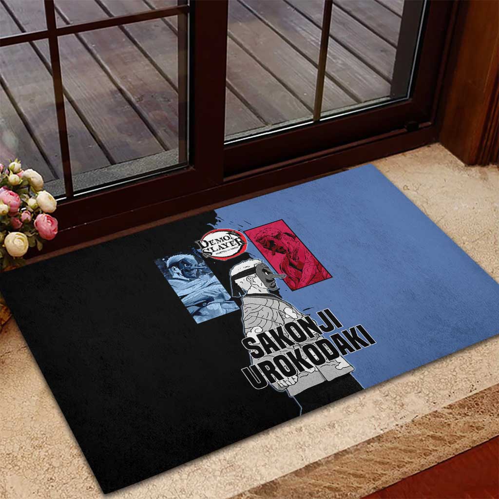 Sakonji Urokodaki from Demon Slayer Rubber Doormat with Blue and Black Split Background and Cloud Kimono Water Style Manga Design - The Mazicc