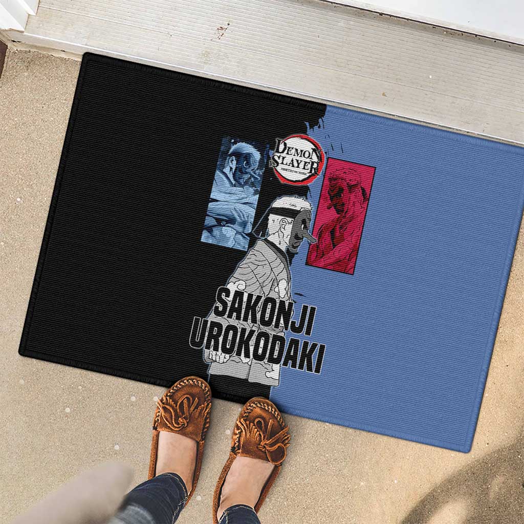Sakonji Urokodaki from Demon Slayer Rubber Doormat with Blue and Black Split Background and Cloud Kimono Water Style Manga Design - The Mazicc