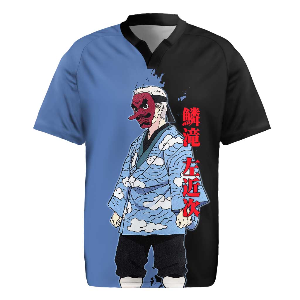 Sakonji Urokodaki from Demon Slayer Rugby Jersey with Blue and Black Split Background and Cloud Kimono Water Style Manga Design - The Mazicc
