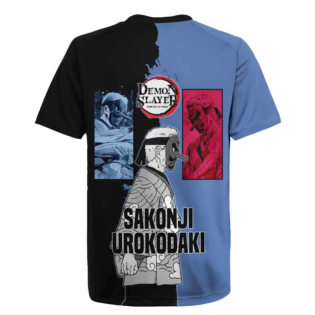 Sakonji Urokodaki from Demon Slayer Rugby Jersey with Blue and Black Split Background and Cloud Kimono Water Style Manga Design - The Mazicc
