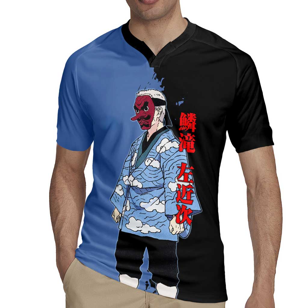 Sakonji Urokodaki from Demon Slayer Rugby Jersey with Blue and Black Split Background and Cloud Kimono Water Style Manga Design - The Mazicc