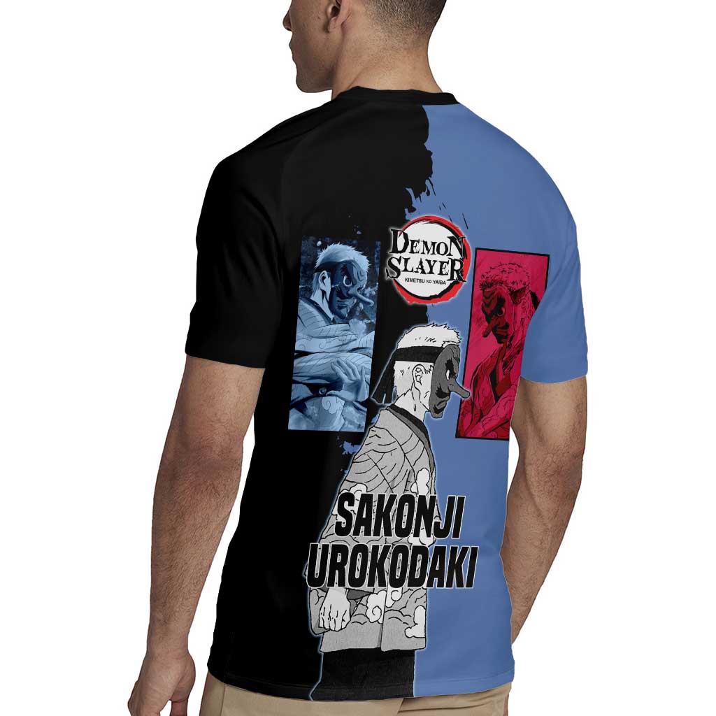 Sakonji Urokodaki from Demon Slayer Rugby Jersey with Blue and Black Split Background and Cloud Kimono Water Style Manga Design - The Mazicc