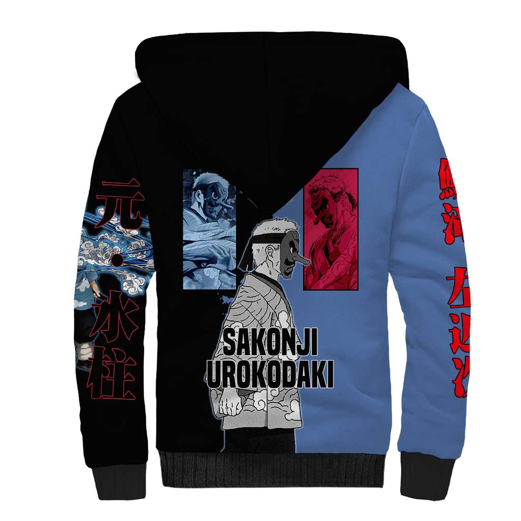 Sakonji Urokodaki from Demon Slayer Sherpa Hoodie with Blue and Black Split Background and Cloud Kimono Water Style Manga Design - The Mazicc