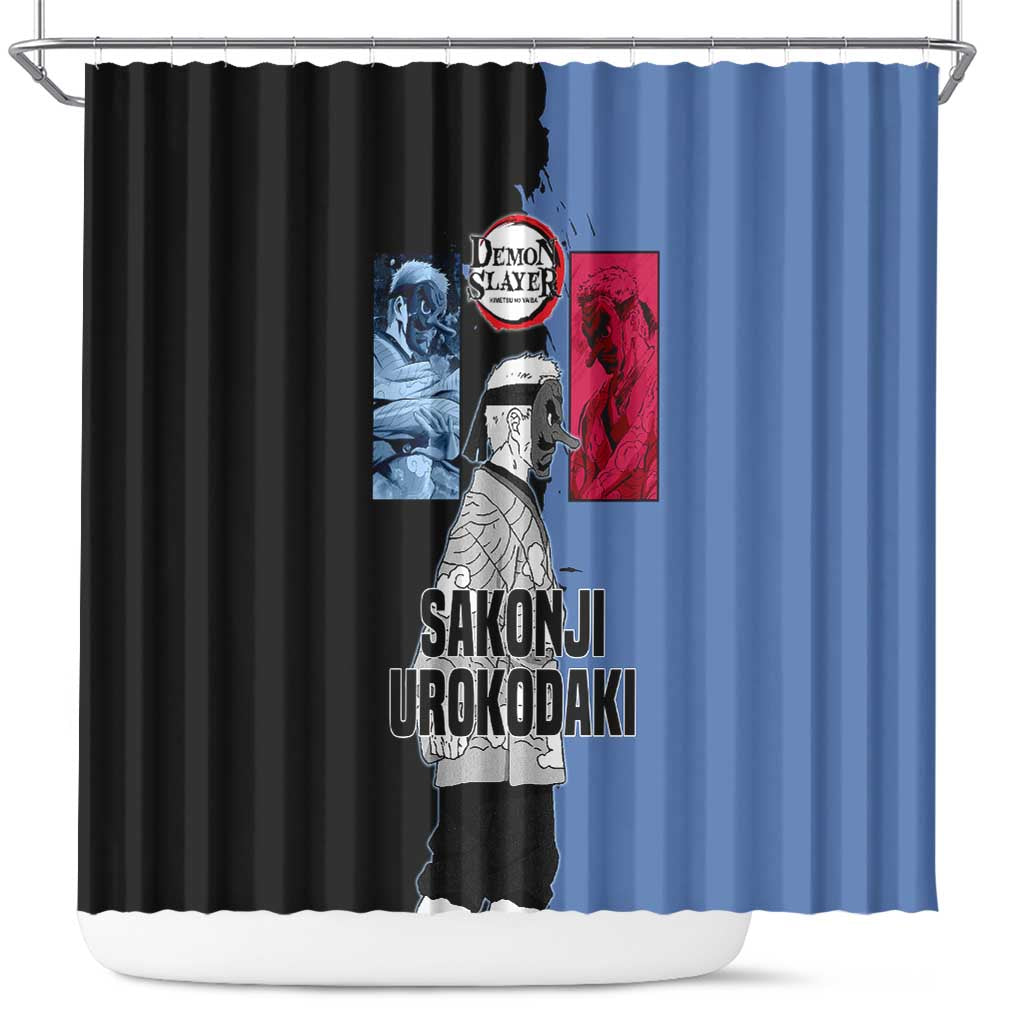 Sakonji Urokodaki from Demon Slayer Shower Curtain with Blue and Black Split Background and Cloud Kimono Water Style Manga Design - The Mazicc