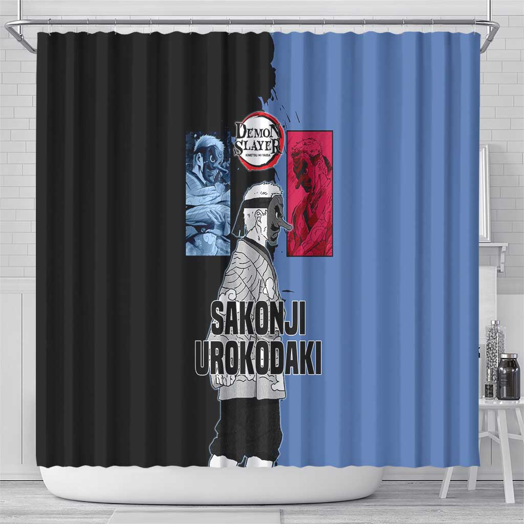 Sakonji Urokodaki from Demon Slayer Shower Curtain with Blue and Black Split Background and Cloud Kimono Water Style Manga Design - The Mazicc