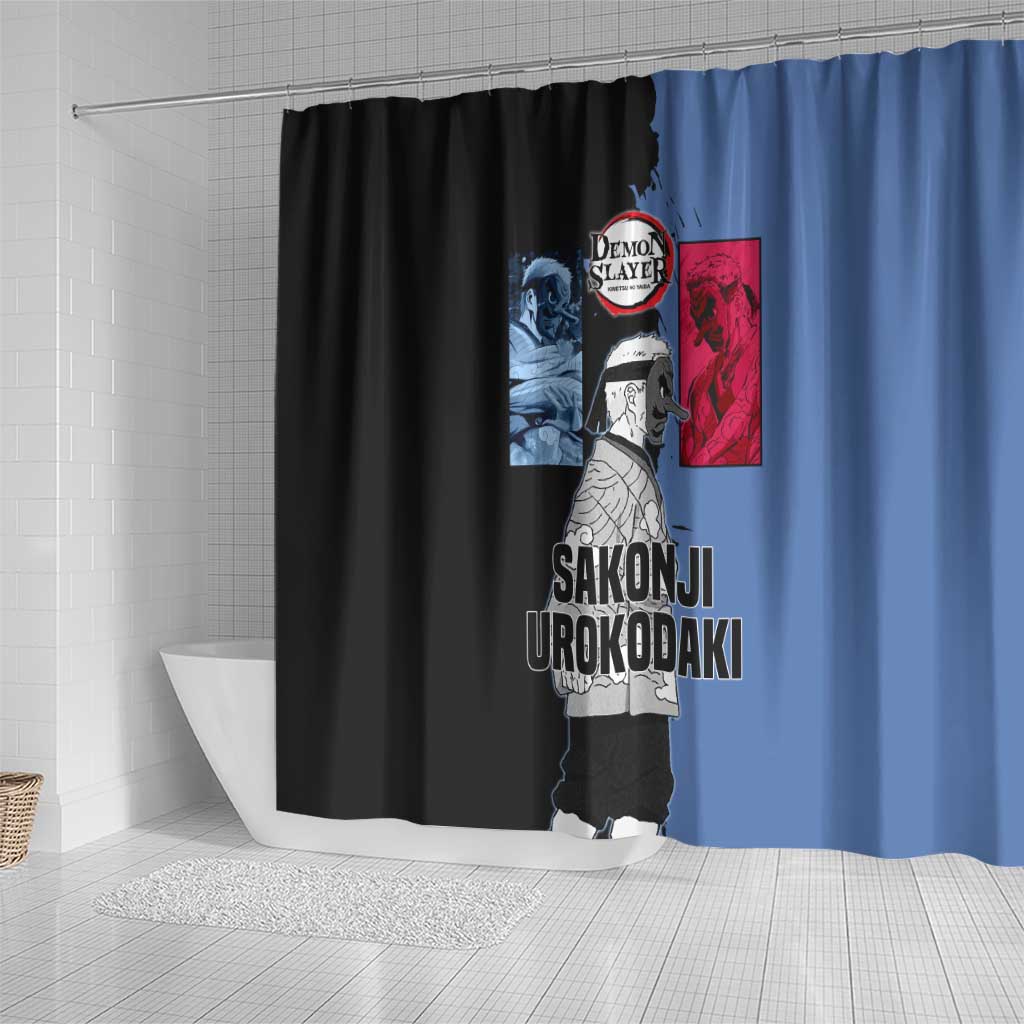 Sakonji Urokodaki from Demon Slayer Shower Curtain with Blue and Black Split Background and Cloud Kimono Water Style Manga Design - The Mazicc