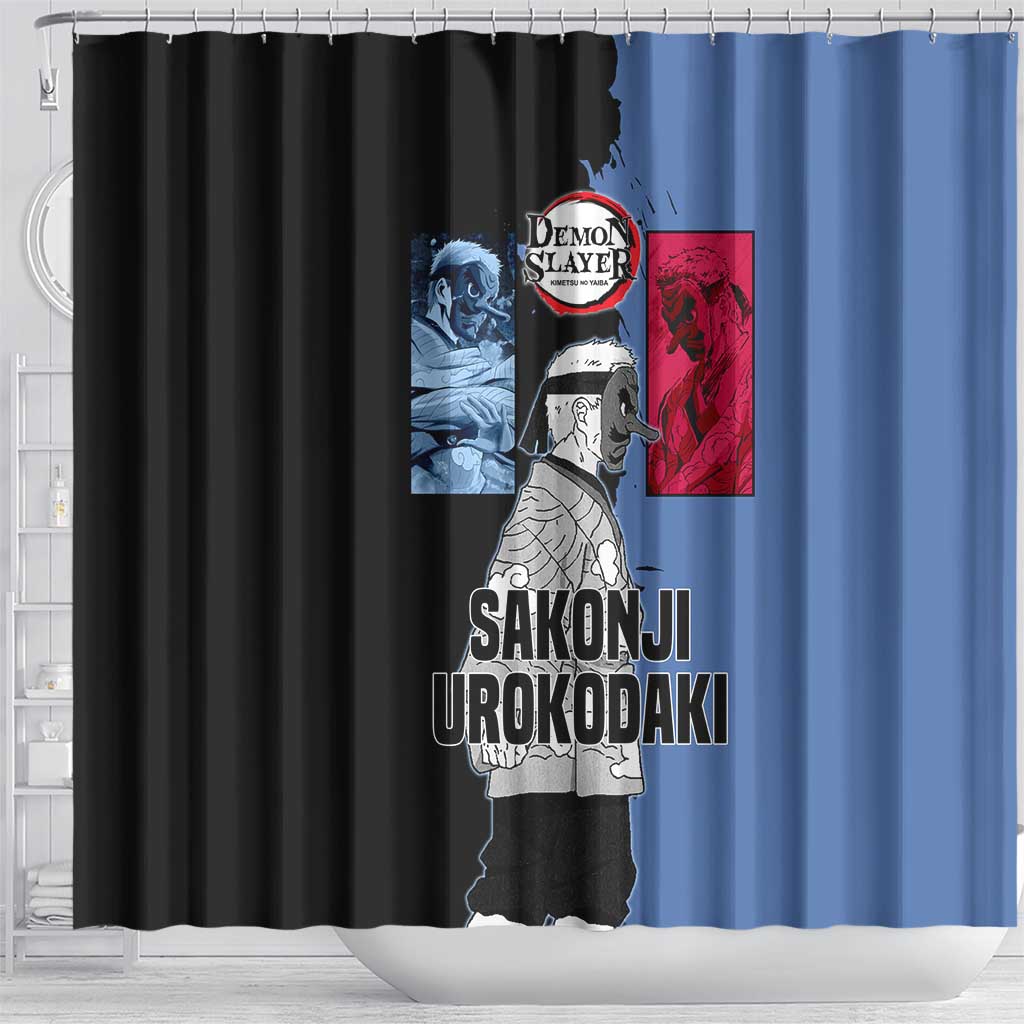 Sakonji Urokodaki from Demon Slayer Shower Curtain with Blue and Black Split Background and Cloud Kimono Water Style Manga Design - The Mazicc