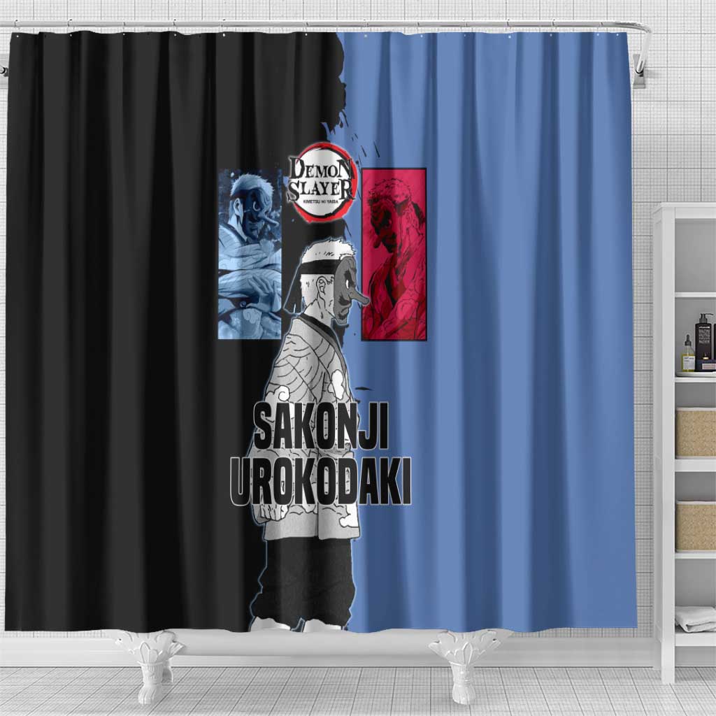Sakonji Urokodaki from Demon Slayer Shower Curtain with Blue and Black Split Background and Cloud Kimono Water Style Manga Design - The Mazicc