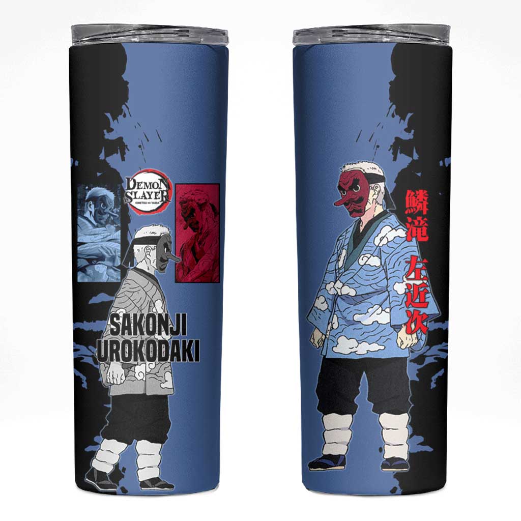 Sakonji Urokodaki from Demon Slayer Skinny Tumbler with Blue and Black Split Background and Cloud Kimono Water Style Manga Design - The Mazicc