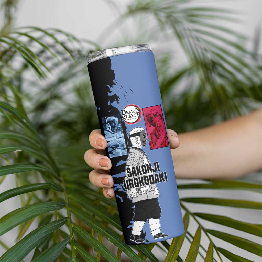 Sakonji Urokodaki from Demon Slayer Skinny Tumbler with Blue and Black Split Background and Cloud Kimono Water Style Manga Design - The Mazicc