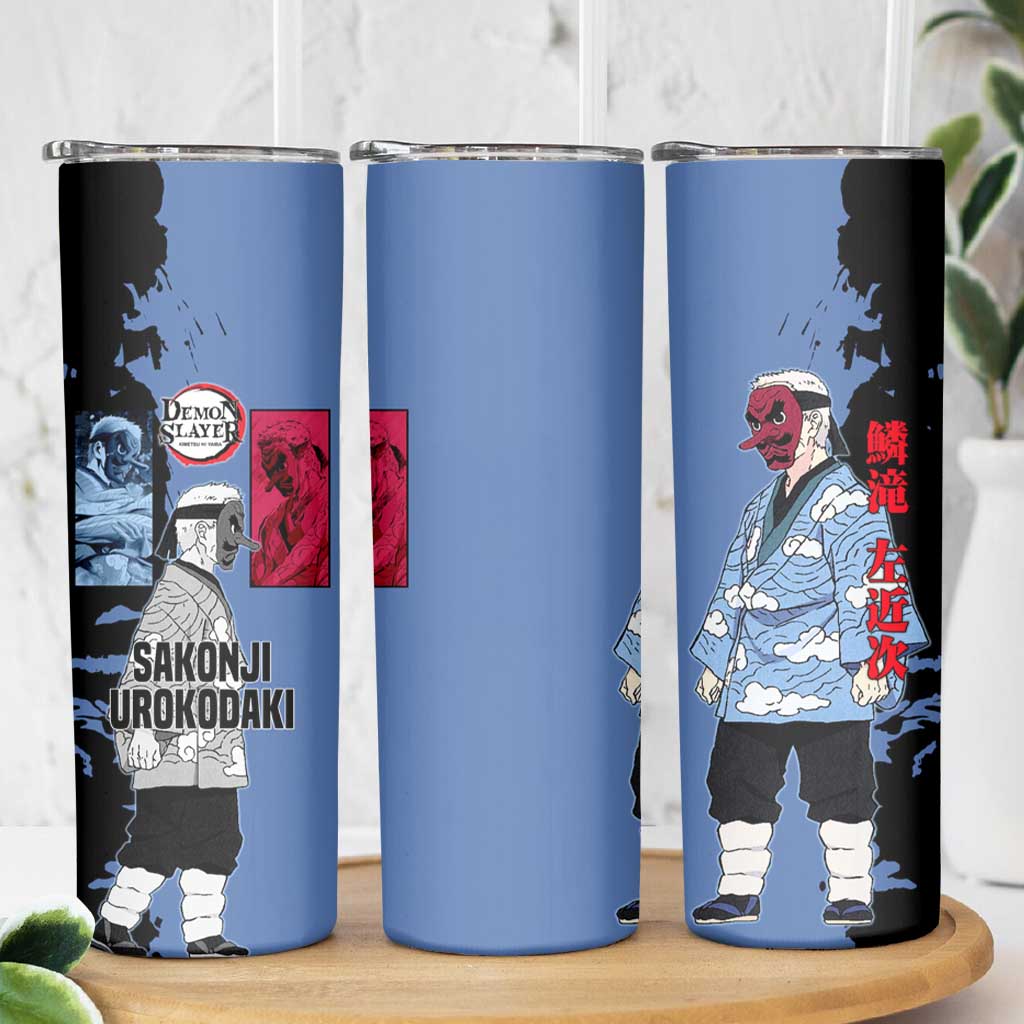 Sakonji Urokodaki from Demon Slayer Skinny Tumbler with Blue and Black Split Background and Cloud Kimono Water Style Manga Design - The Mazicc