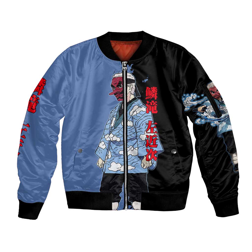 Sakonji Urokodaki from Demon Slayer Sleeve Zip Bomber Jacket with Blue and Black Split Background and Cloud Kimono Water Style Manga Design - The Mazicc