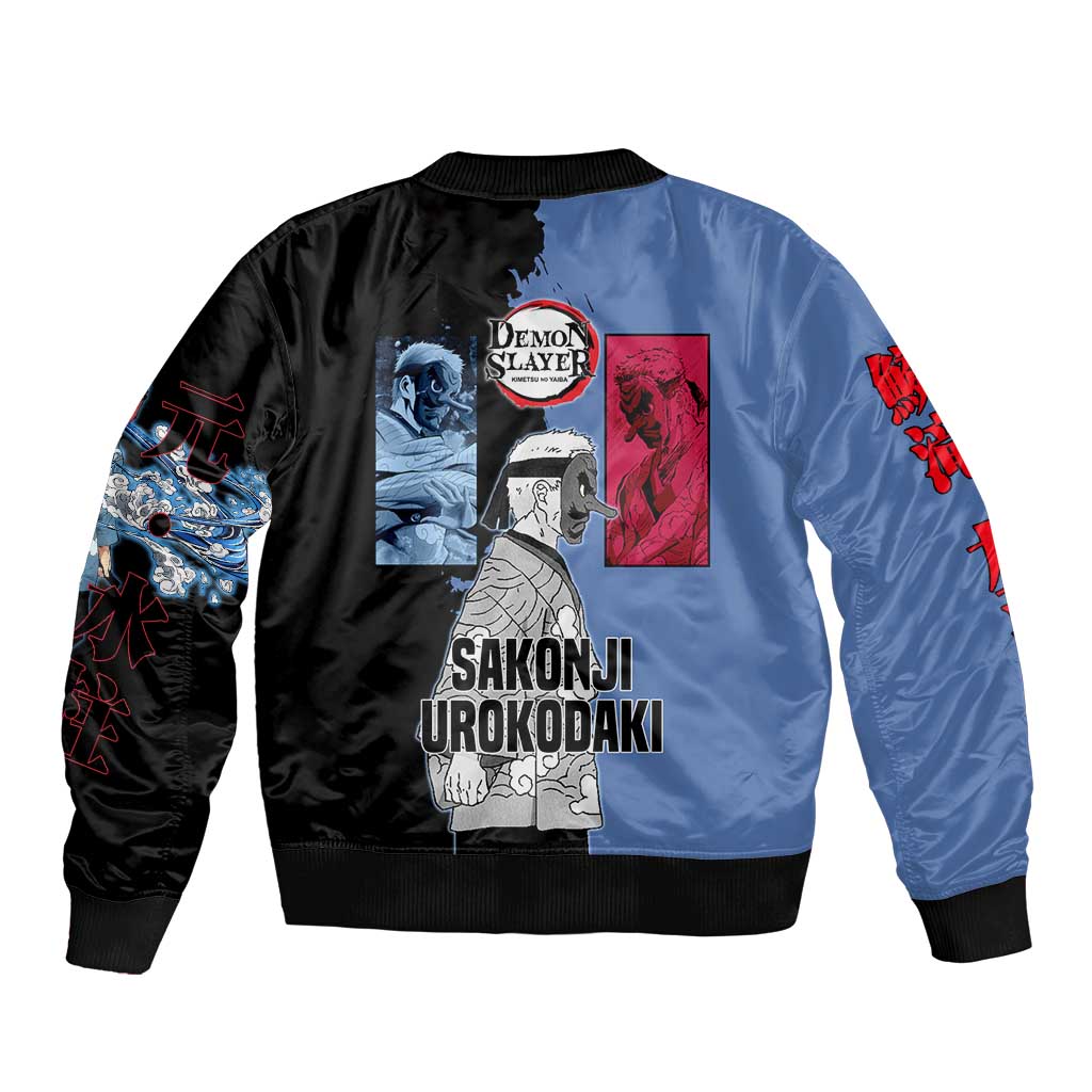 Sakonji Urokodaki from Demon Slayer Sleeve Zip Bomber Jacket with Blue and Black Split Background and Cloud Kimono Water Style Manga Design - The Mazicc