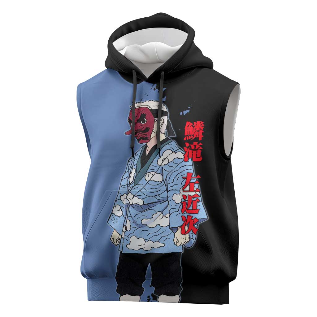 Sakonji Urokodaki from Demon Slayer Sleeveless Hoodie with Blue and Black Split Background and Cloud Kimono Water Style Manga Design - The Mazicc