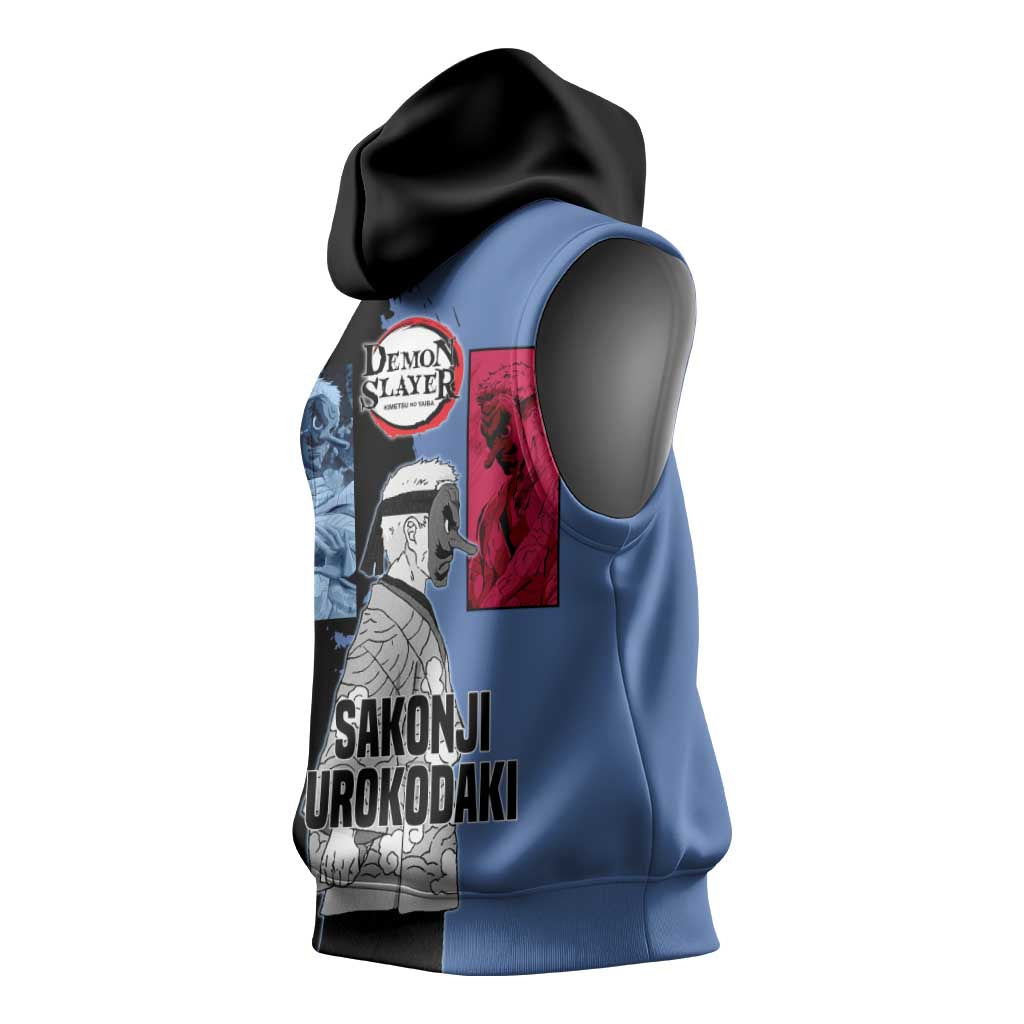 Sakonji Urokodaki from Demon Slayer Sleeveless Hoodie with Blue and Black Split Background and Cloud Kimono Water Style Manga Design - The Mazicc