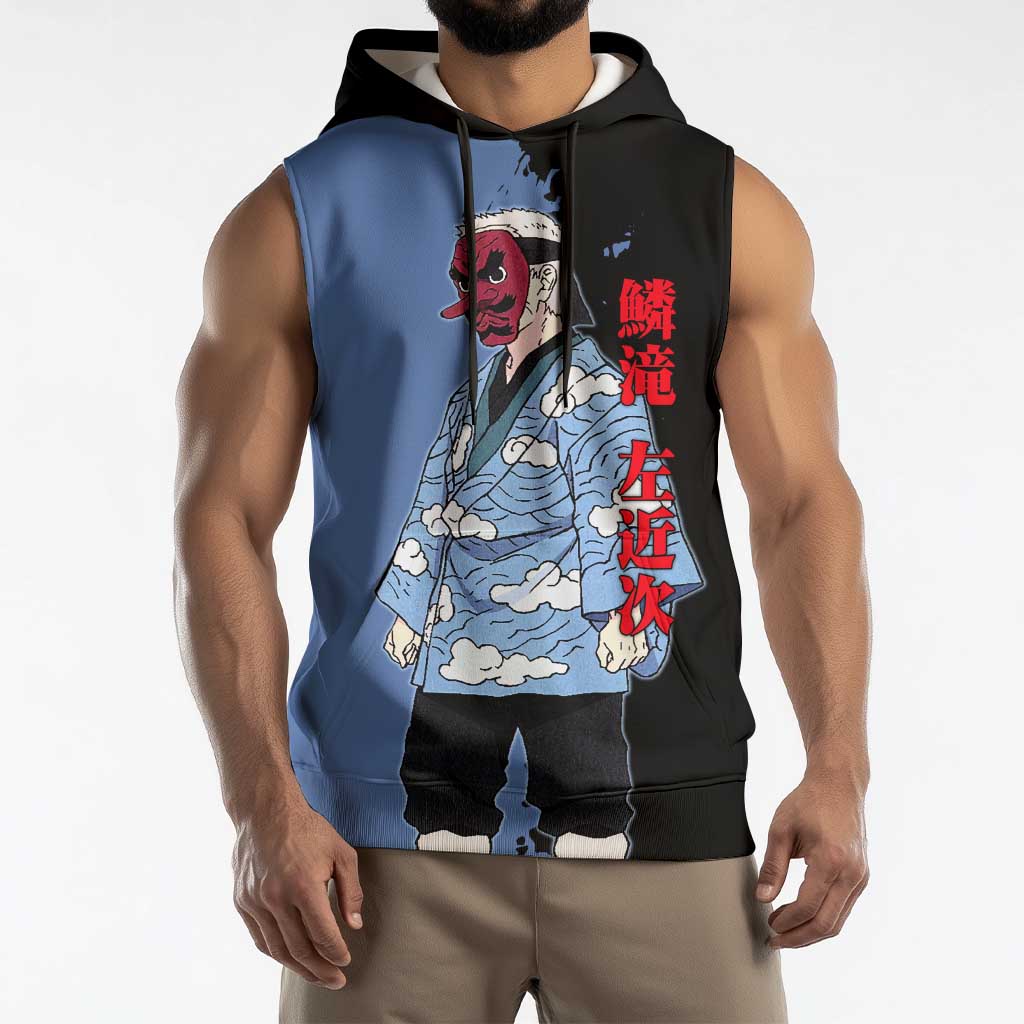 Sakonji Urokodaki from Demon Slayer Sleeveless Hoodie with Blue and Black Split Background and Cloud Kimono Water Style Manga Design - The Mazicc