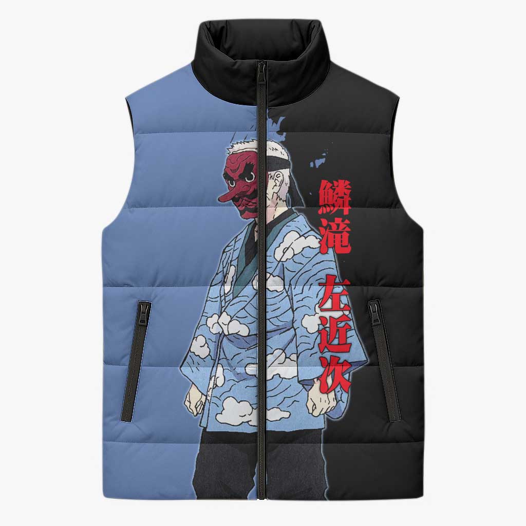 Sakonji Urokodaki from Demon Slayer Sleeveless Puffer Jacket with Blue and Black Split Background and Cloud Kimono Water Style Manga Design - The Mazicc