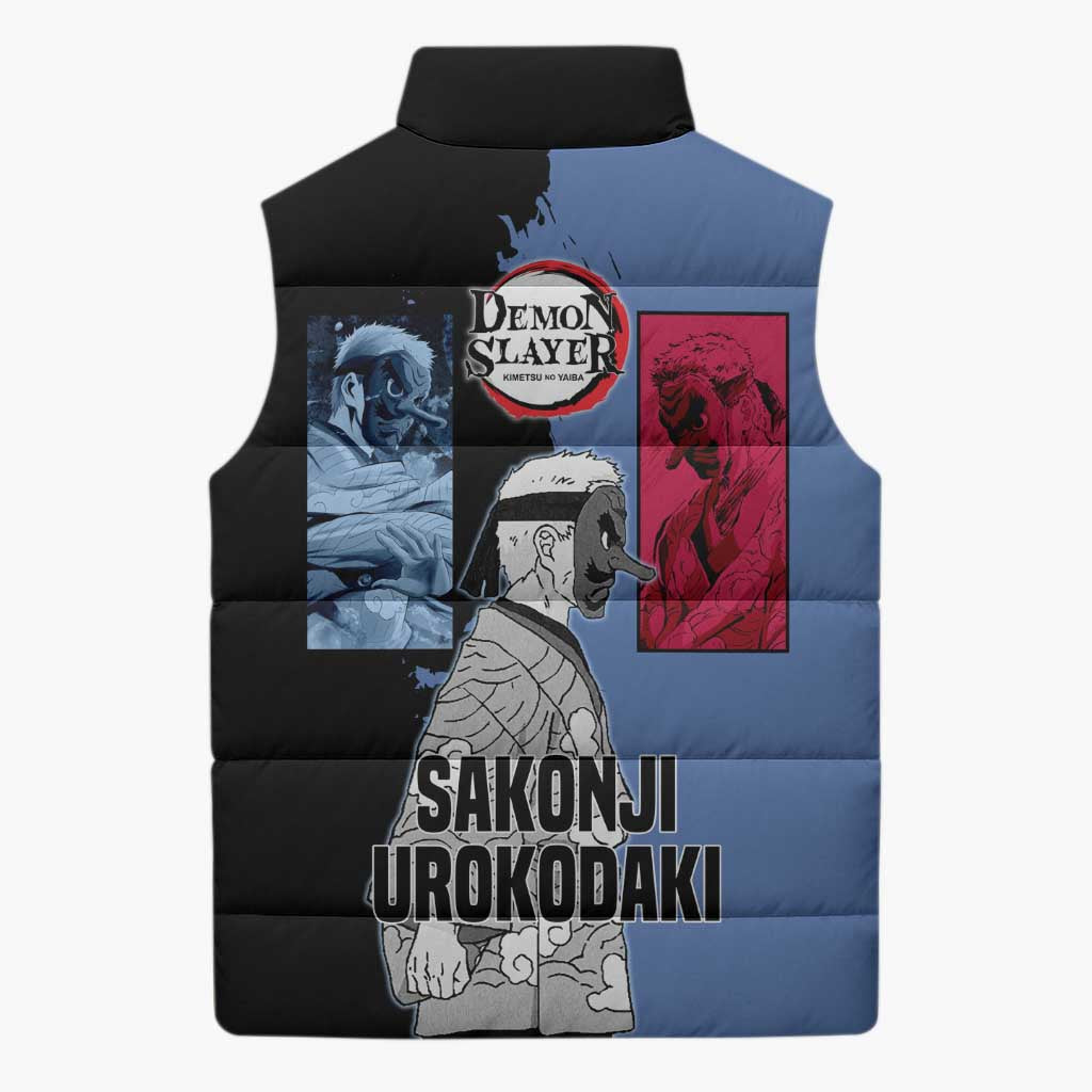 Sakonji Urokodaki from Demon Slayer Sleeveless Puffer Jacket with Blue and Black Split Background and Cloud Kimono Water Style Manga Design - The Mazicc