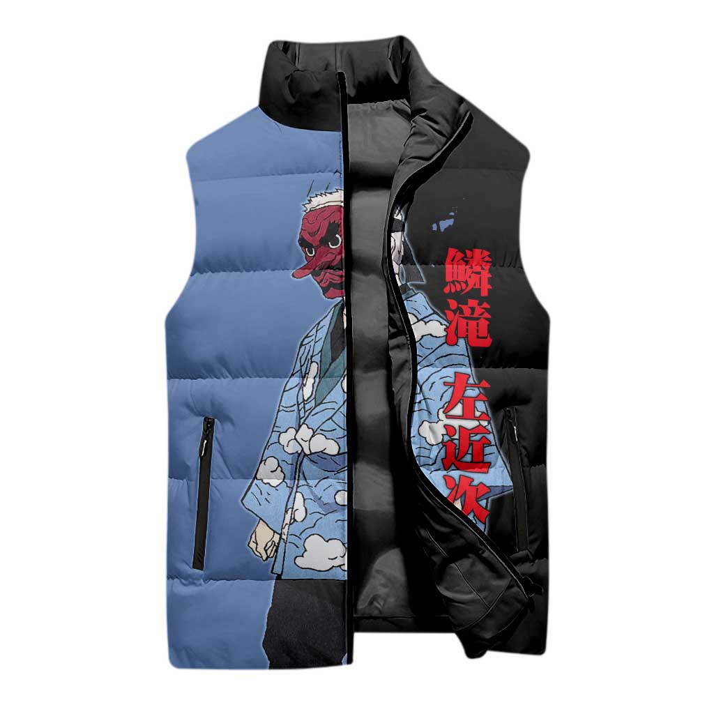 Sakonji Urokodaki from Demon Slayer Sleeveless Puffer Jacket with Blue and Black Split Background and Cloud Kimono Water Style Manga Design - The Mazicc