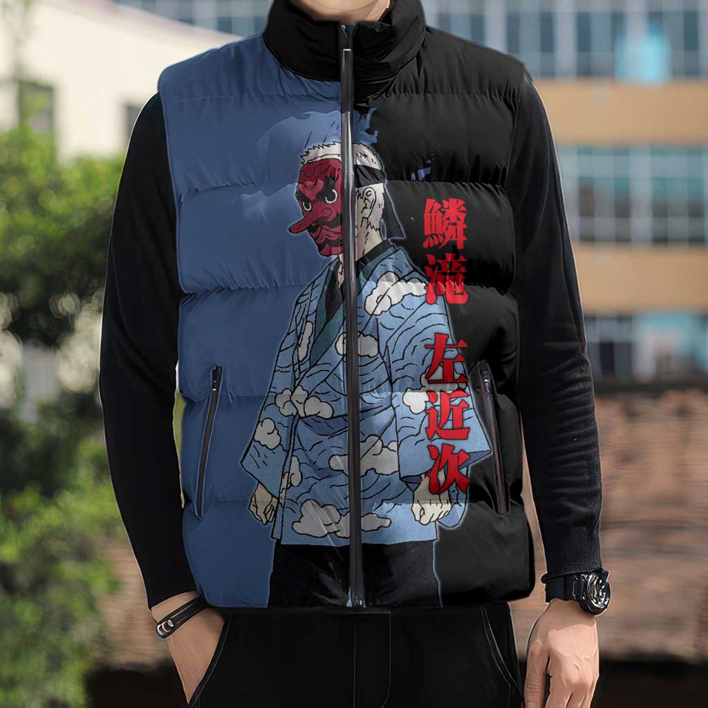 Sakonji Urokodaki from Demon Slayer Sleeveless Puffer Jacket with Blue and Black Split Background and Cloud Kimono Water Style Manga Design - The Mazicc