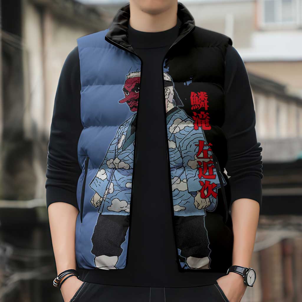 Sakonji Urokodaki from Demon Slayer Sleeveless Puffer Jacket with Blue and Black Split Background and Cloud Kimono Water Style Manga Design - The Mazicc