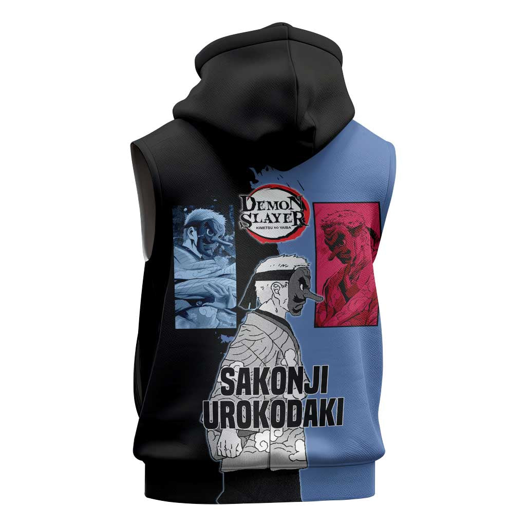 Sakonji Urokodaki from Demon Slayer Sleeveless Zip Hoodie with Blue and Black Split Background and Cloud Kimono Water Style Manga Design - The Mazicc