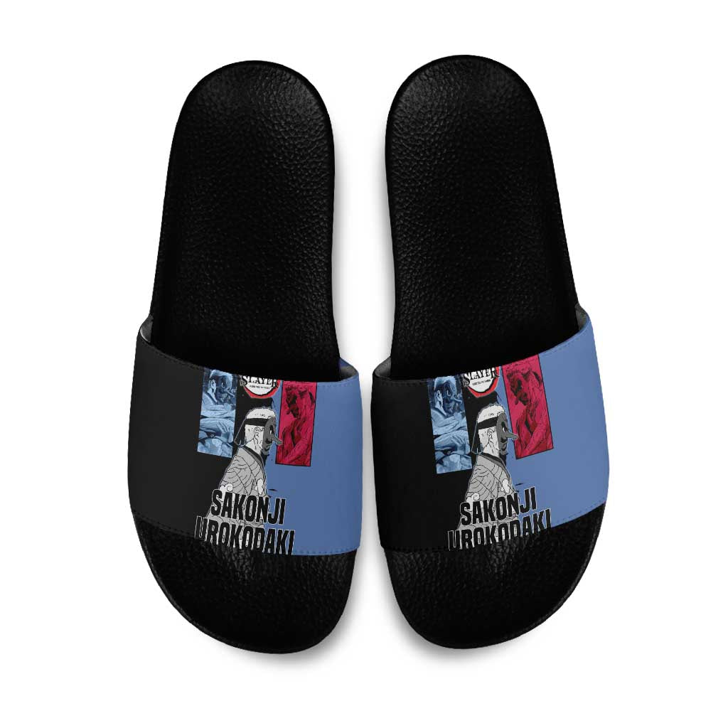 Sakonji Urokodaki from Demon Slayer Slide Sandals with Blue and Black Split Background and Cloud Kimono Water Style Manga Design - The Mazicc