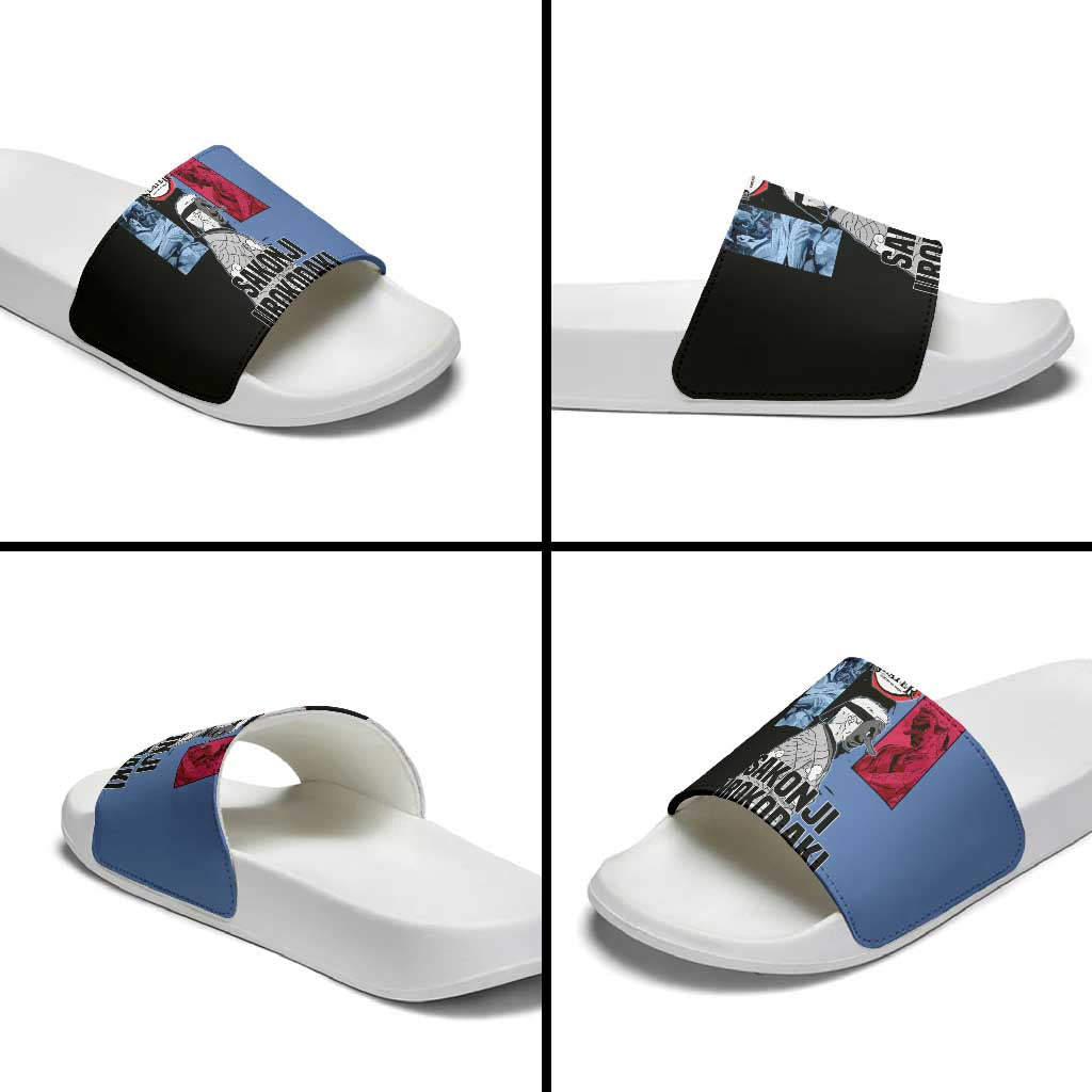 Sakonji Urokodaki from Demon Slayer Slide Sandals with Blue and Black Split Background and Cloud Kimono Water Style Manga Design - The Mazicc