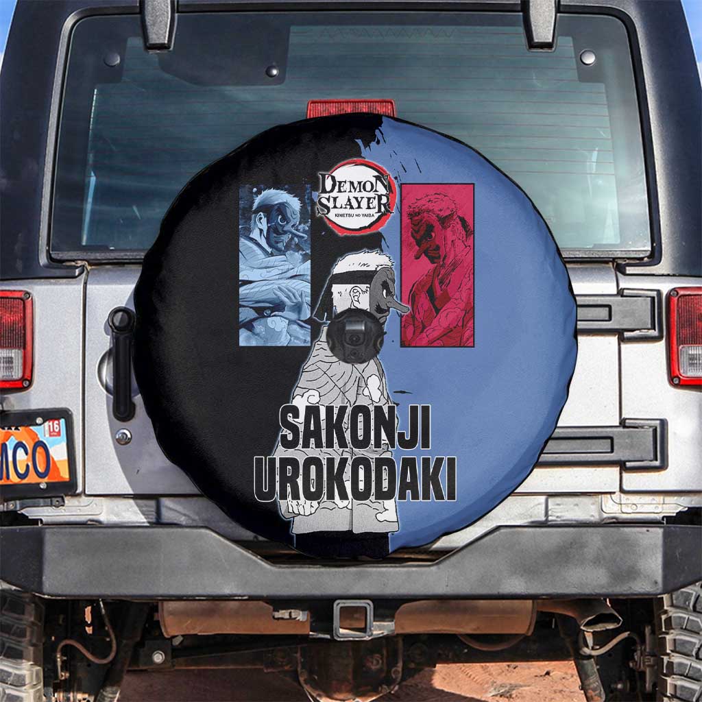 Sakonji Urokodaki from Demon Slayer Spare Tire Cover with Blue and Black Split Background and Cloud Kimono Water Style Manga Design - The Mazicc