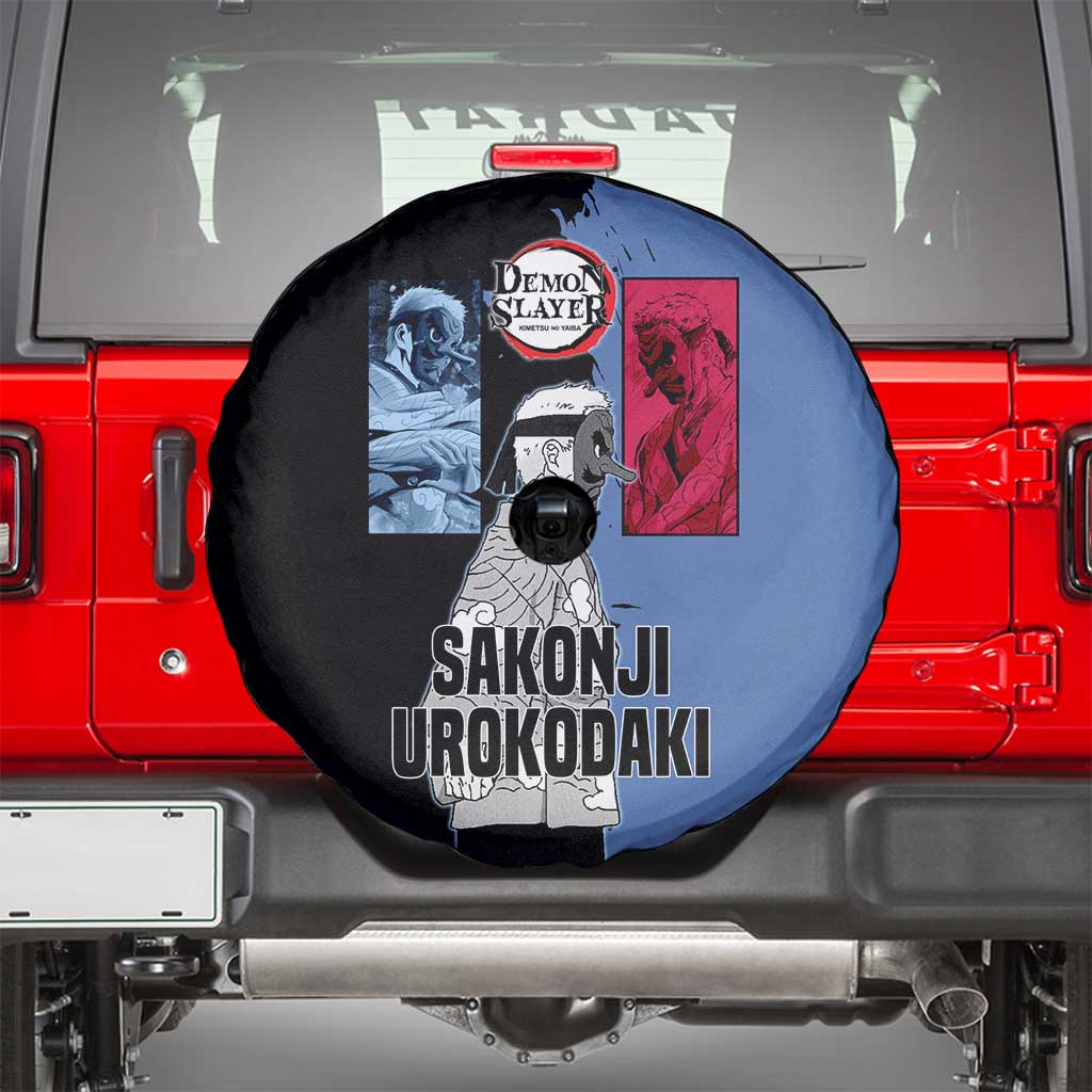 Sakonji Urokodaki from Demon Slayer Spare Tire Cover with Blue and Black Split Background and Cloud Kimono Water Style Manga Design - The Mazicc
