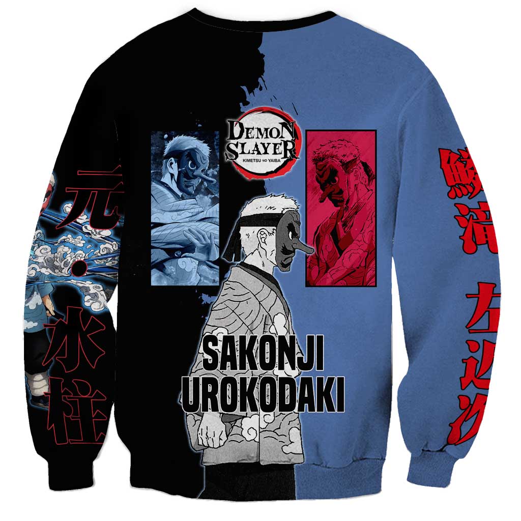 Sakonji Urokodaki from Demon Slayer Sweatshirt with Blue and Black Split Background and Cloud Kimono Water Style Manga Design - The Mazicc
