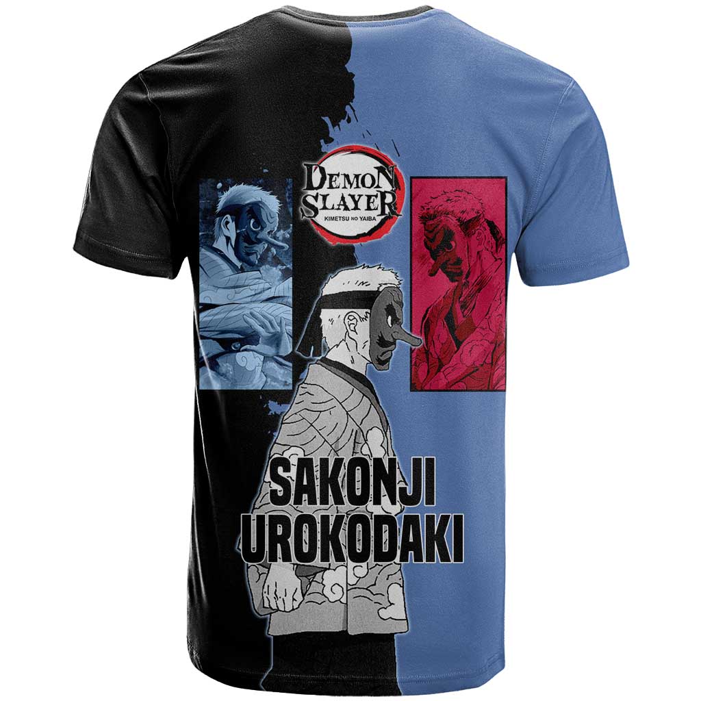 Sakonji Urokodaki from Demon Slayer T Shirt with Blue and Black Split Background and Cloud Kimono Water Style Manga Design - The Mazicc