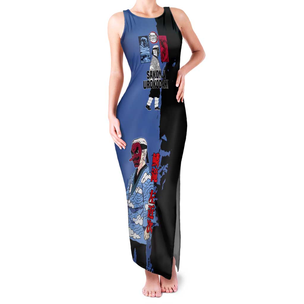 Sakonji Urokodaki from Demon Slayer Tank Maxi Dress with Blue and Black Split Background and Cloud Kimono Water Style Manga Design - The Mazicc