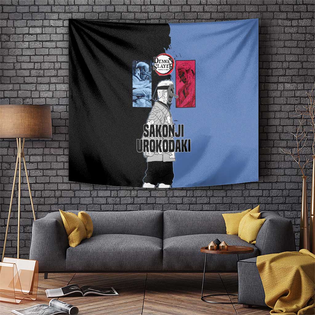 Sakonji Urokodaki from Demon Slayer Tapestry with Blue and Black Split Background and Cloud Kimono Water Style Manga Design - The Mazicc