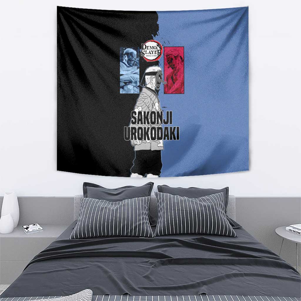 Sakonji Urokodaki from Demon Slayer Tapestry with Blue and Black Split Background and Cloud Kimono Water Style Manga Design - The Mazicc
