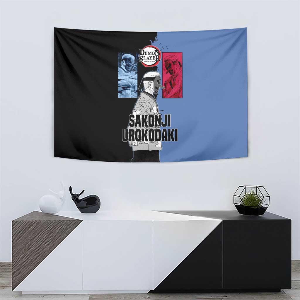 Sakonji Urokodaki from Demon Slayer Tapestry with Blue and Black Split Background and Cloud Kimono Water Style Manga Design - The Mazicc