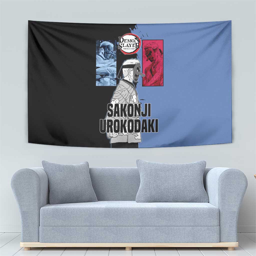 Sakonji Urokodaki from Demon Slayer Tapestry with Blue and Black Split Background and Cloud Kimono Water Style Manga Design - The Mazicc