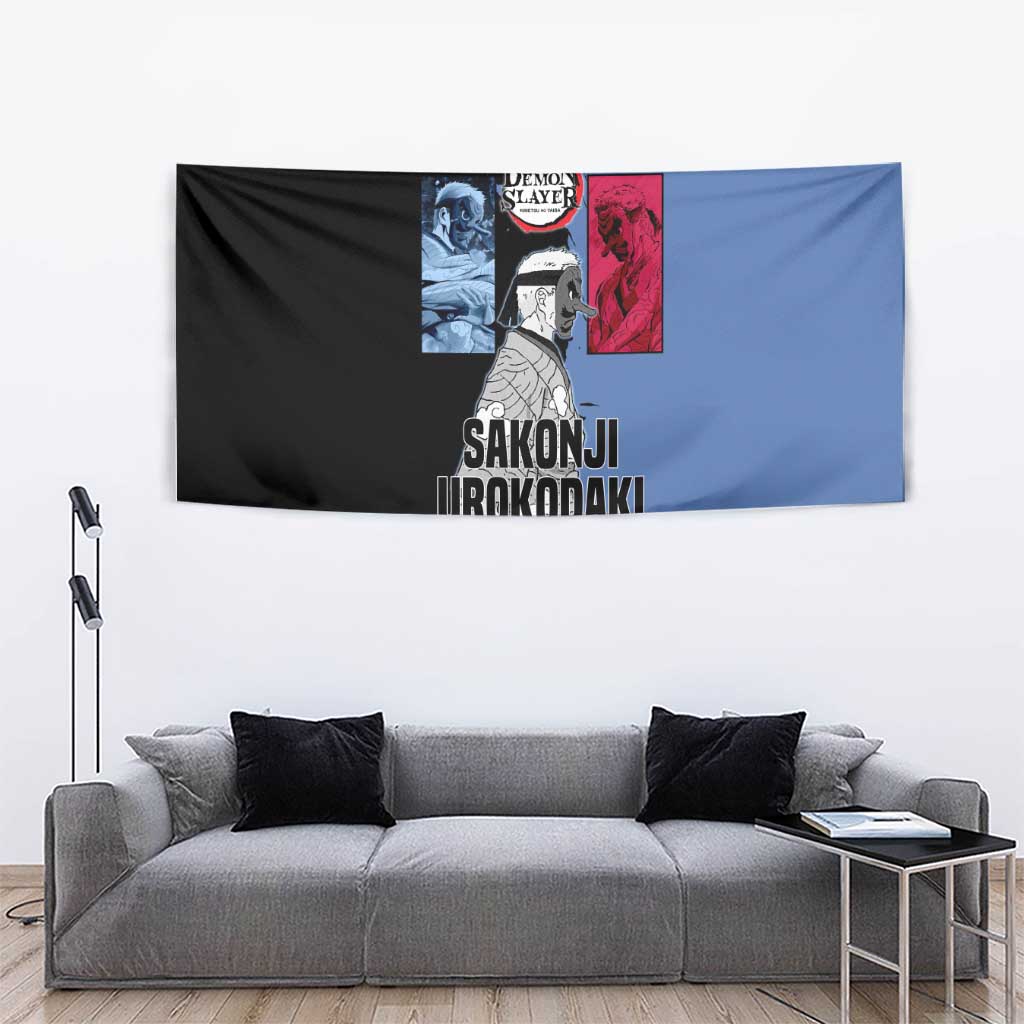 Sakonji Urokodaki from Demon Slayer Tapestry with Blue and Black Split Background and Cloud Kimono Water Style Manga Design - The Mazicc