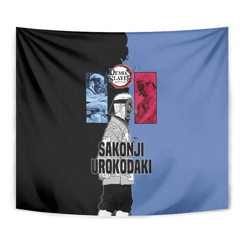 Sakonji Urokodaki from Demon Slayer Tapestry with Blue and Black Split Background and Cloud Kimono Water Style Manga Design - The Mazicc