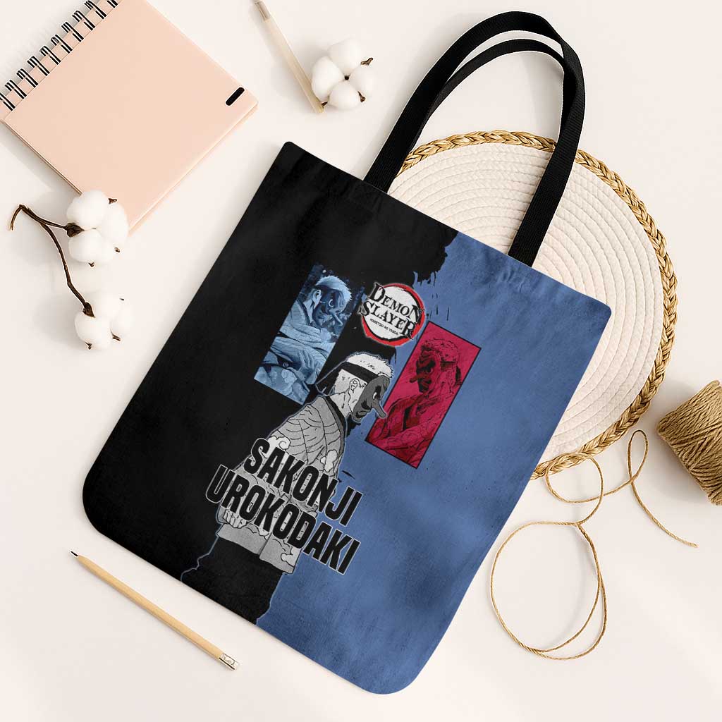 Sakonji Urokodaki from Demon Slayer Tote Bag with Blue and Black Split Background and Cloud Kimono Water Style Manga Design - The Mazicc