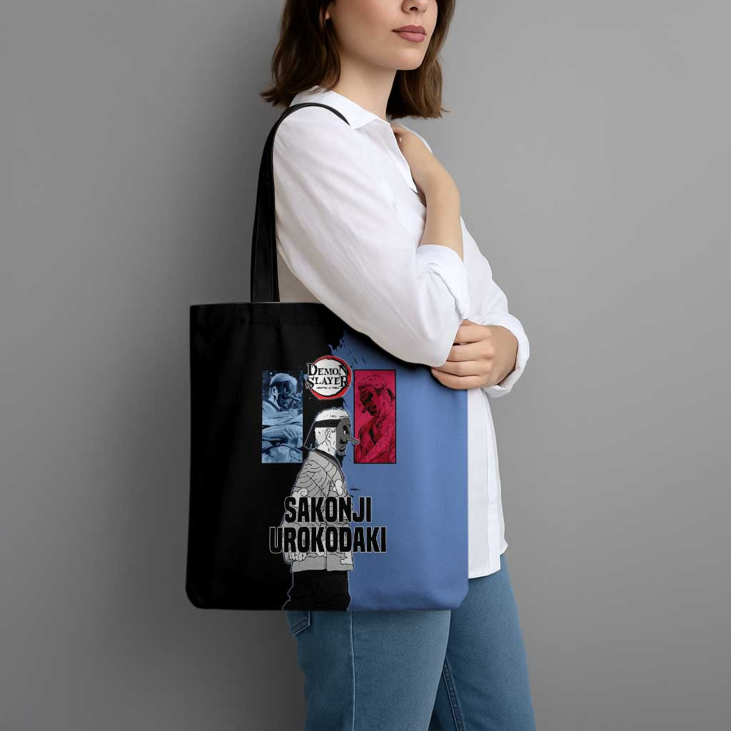 Sakonji Urokodaki from Demon Slayer Tote Bag with Blue and Black Split Background and Cloud Kimono Water Style Manga Design - The Mazicc