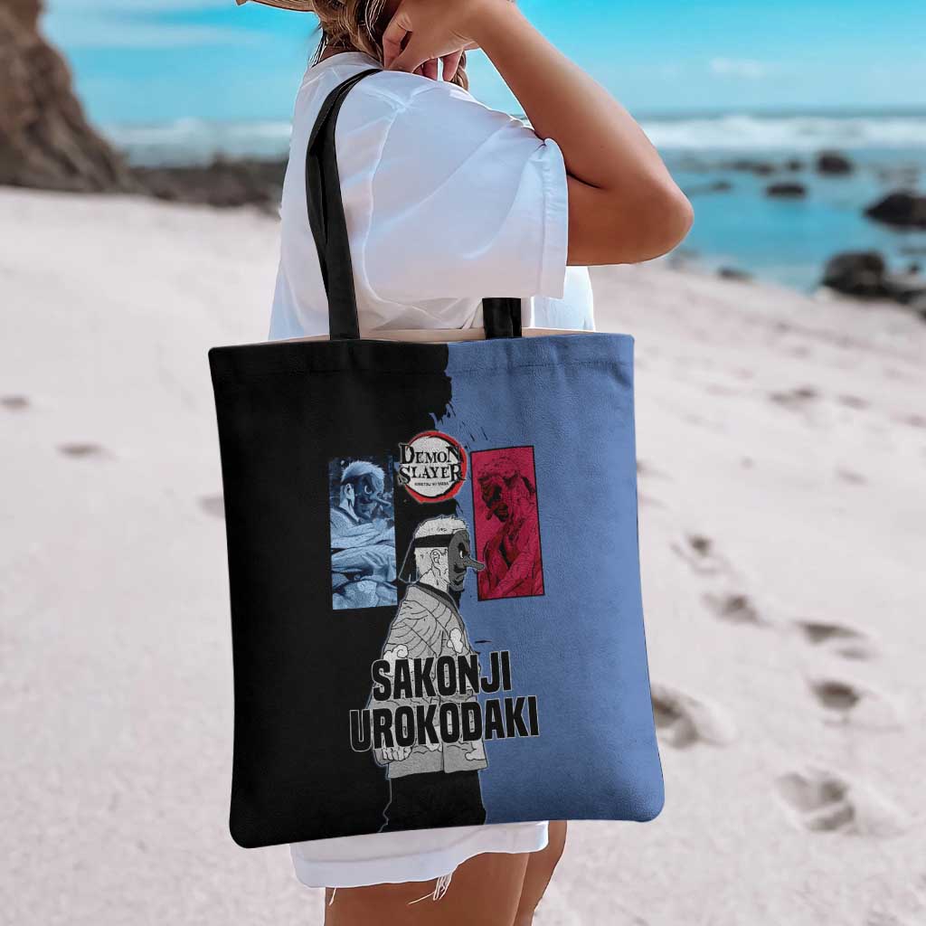 Sakonji Urokodaki from Demon Slayer Tote Bag with Blue and Black Split Background and Cloud Kimono Water Style Manga Design - The Mazicc