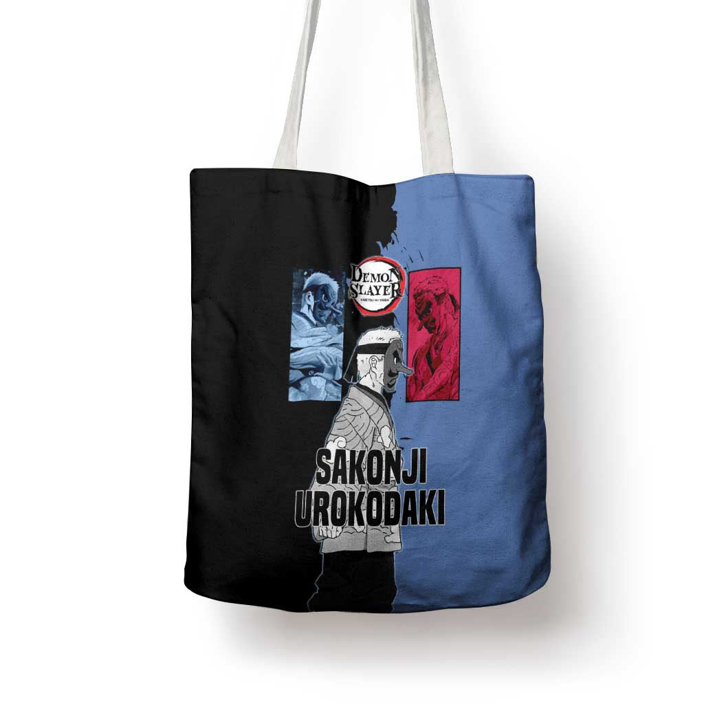 Sakonji Urokodaki from Demon Slayer Tote Bag with Blue and Black Split Background and Cloud Kimono Water Style Manga Design - The Mazicc