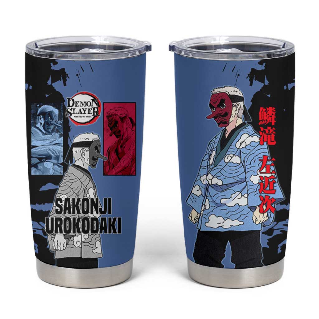 Sakonji Urokodaki from Demon Slayer Tumbler Cup with Blue and Black Split Background and Cloud Kimono Water Style Manga Design - The Mazicc